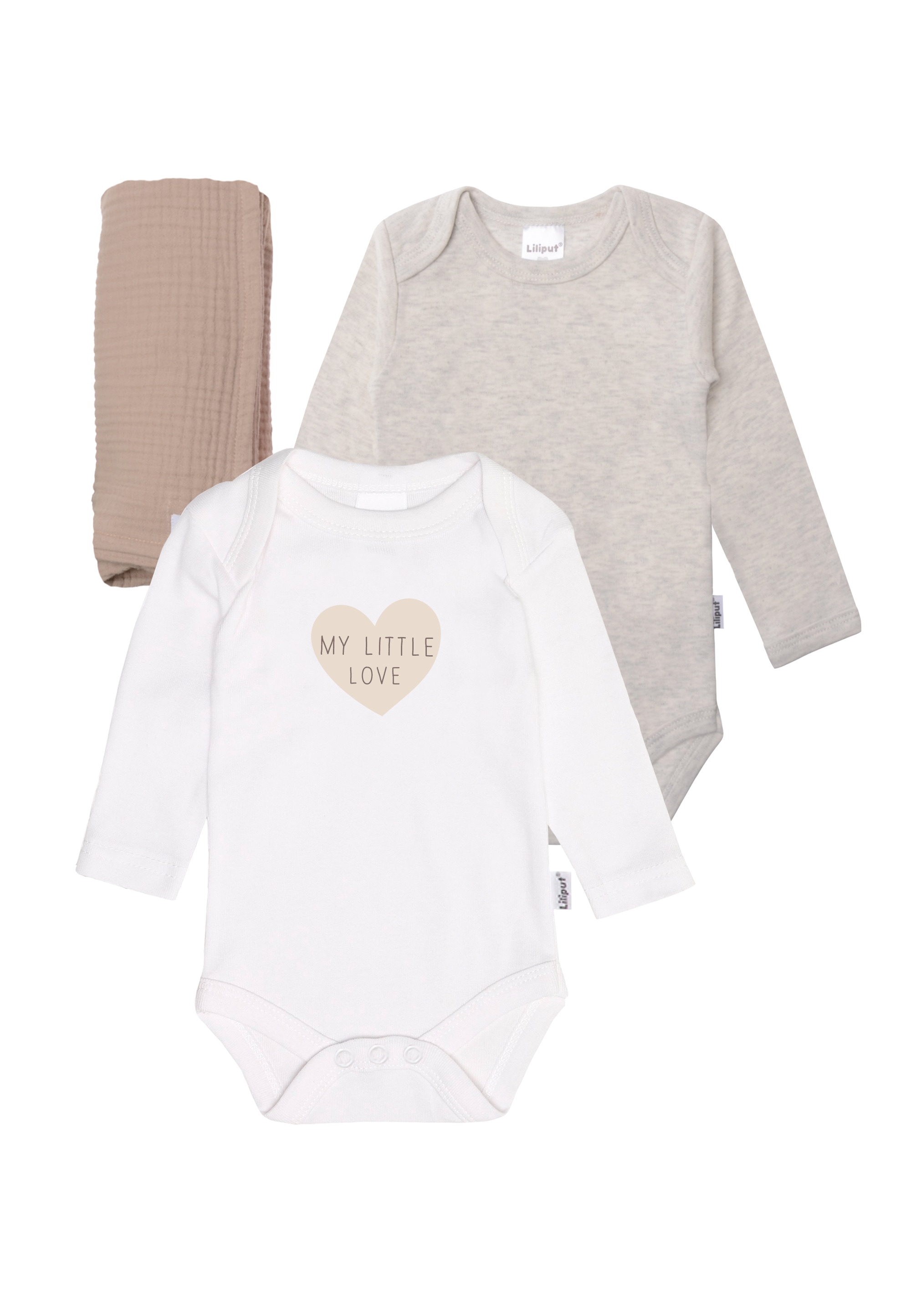Erstausstattungspaket LILIPUT "My little love", Baby, Gr. 50/56, grau (grau, mehrfarbig), 100% Baumwolle, KOB Set-Artikel, mit niedlichem Print auf dem Body Image