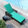 Outdoor patio pool PE rattan wicker chair wicker sun lounger Adjustable backrest green cushion Black wicker (1 set)