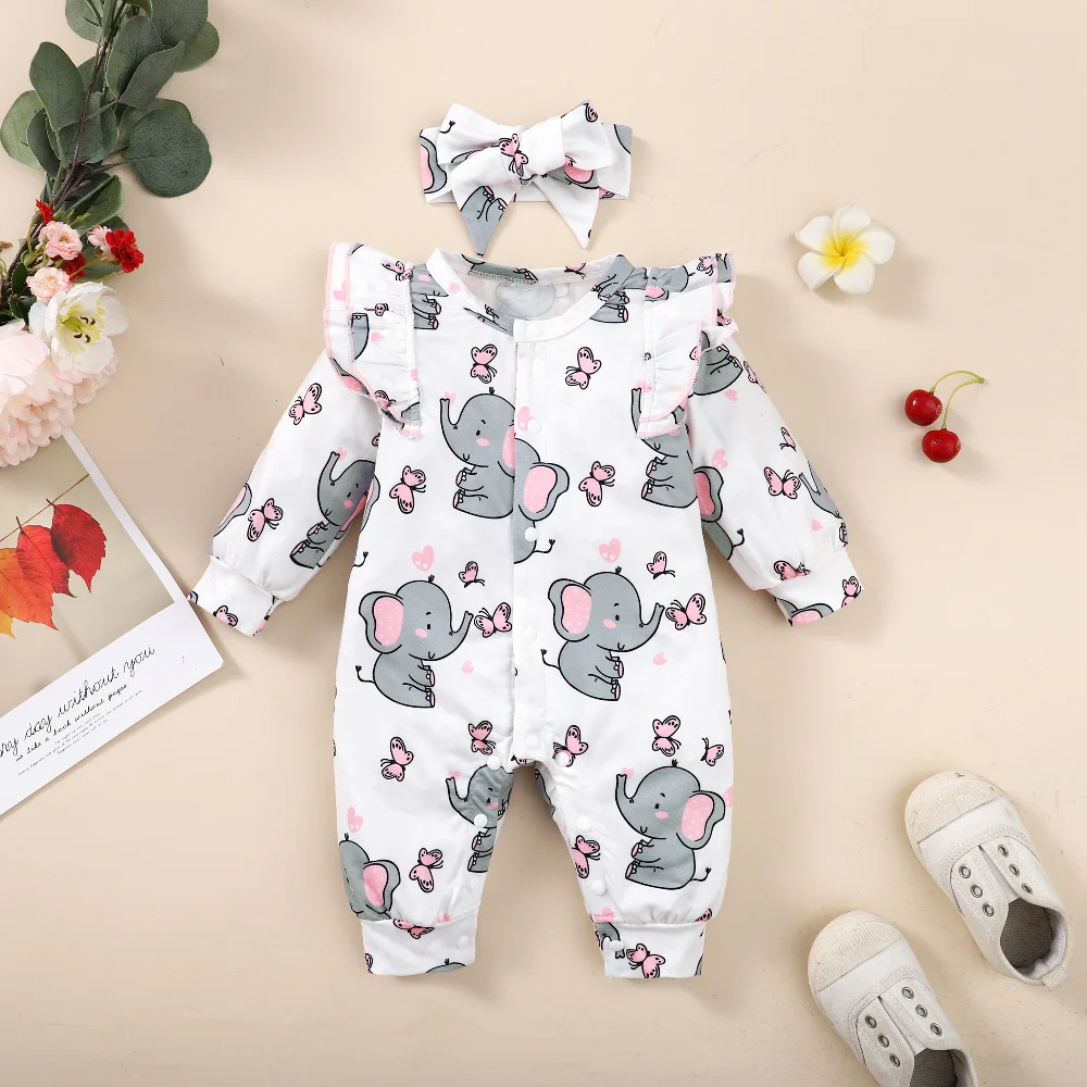 Barboteuses à manches longues pour nouveau-nés de 0 à 18 mois, combinaison pour bébés filles, vêtements mignons à imprimé d'éléphant
