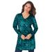 Plus Size Women's Long-Sleeve V-Neck Ultimate Tunic by Roaman's in Teal Tile Print (Size 3X) Long Shirt