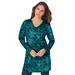 Plus Size Women's Long-Sleeve V-Neck Ultimate Tunic by Roaman's in Teal Tile Print (Size 5X) Long Shirt