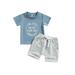 Frobukio 2Pcs Toddler Baby Boys Summer Outfits Short Sleeve Letter Print Tops Solid Color Drawstring Shorts Sets Blueã€€18-24 Months