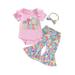 Kid Girls Easter Outfit Short Sleeve Bunny Print T-Shirt + Flare Pants + Bowknot Headband 3pcs Easter Pant Set