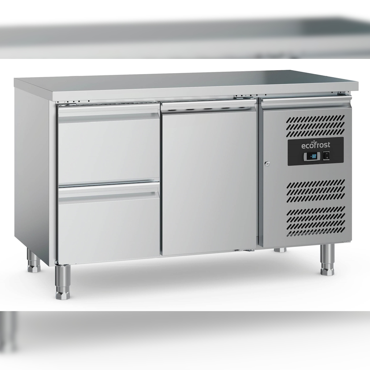 Kühltisch POLARFOX | 1x Tür & 2x Schublade | 282 Ltr, HxBxT 85x136x70cm | +2/+8°C | Edelstahl + CHEFGASTRO Geschirrtuch Image