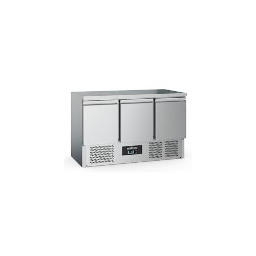 Kühltisch POLARFOX | 3x Tür | 368 Ltr, HxBxT 87,6×136,5x70cm | +2/+8°C | Edelstahl + CHEFGASTRO Geschirrtuch