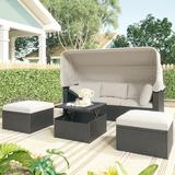 Outdoor Patio Rectangle Daybed with Retractable Canopy, Wicker Furniture Sectional Seating and Washable Cushions, for Backyard