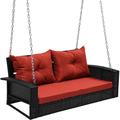 YITAHOME 2-Seats Wicker Hanging Porch Swing Chair Outdoor Black Rattan Patio Swing Lounge w/ 2 Back Cushions Capacity 770lbs for Garden Balcony Living Room Red