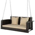 GZXS Porch Swing 2-Seat Patio Rattan Wicker Porch Swings Outdoor W/ Two 7.9 Ft Solid Steel Chain Comfortable Back & Seat Cushions for Front Porch Garden Backyard Patio Swing Beige+Brown