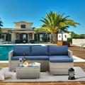 AVAWING 3PCS Patio Furniture Set Outdoor Sectional Wicker Rattan Sofa Set for 3 People Blue