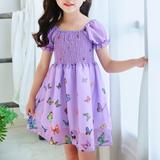 Toddler Girl s Princess Dress Short Sleeve Elastic Wrap Puff Hem High Waist Tank Dress Pleated Hem Butterfly Print Mini Dress
