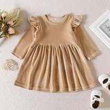 Velvet Princess Dress for Toddler Baby Girls Long Sleeve Round-Neck Solid Color Tunic Dress Elegant High Waisted Pleated Flowy Party Mini Dress