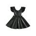 TFFR Toddler Girl Suspender Dress Black Faux Leather Ruffle Backless Knee Length A-Line Dress