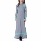 Muslim Long Dress for Kid Big Girl Medium Long Sleeve Round Neck Solid Color Dress Patchwork Mid-length Dress Pleated Flowy Payer Dress