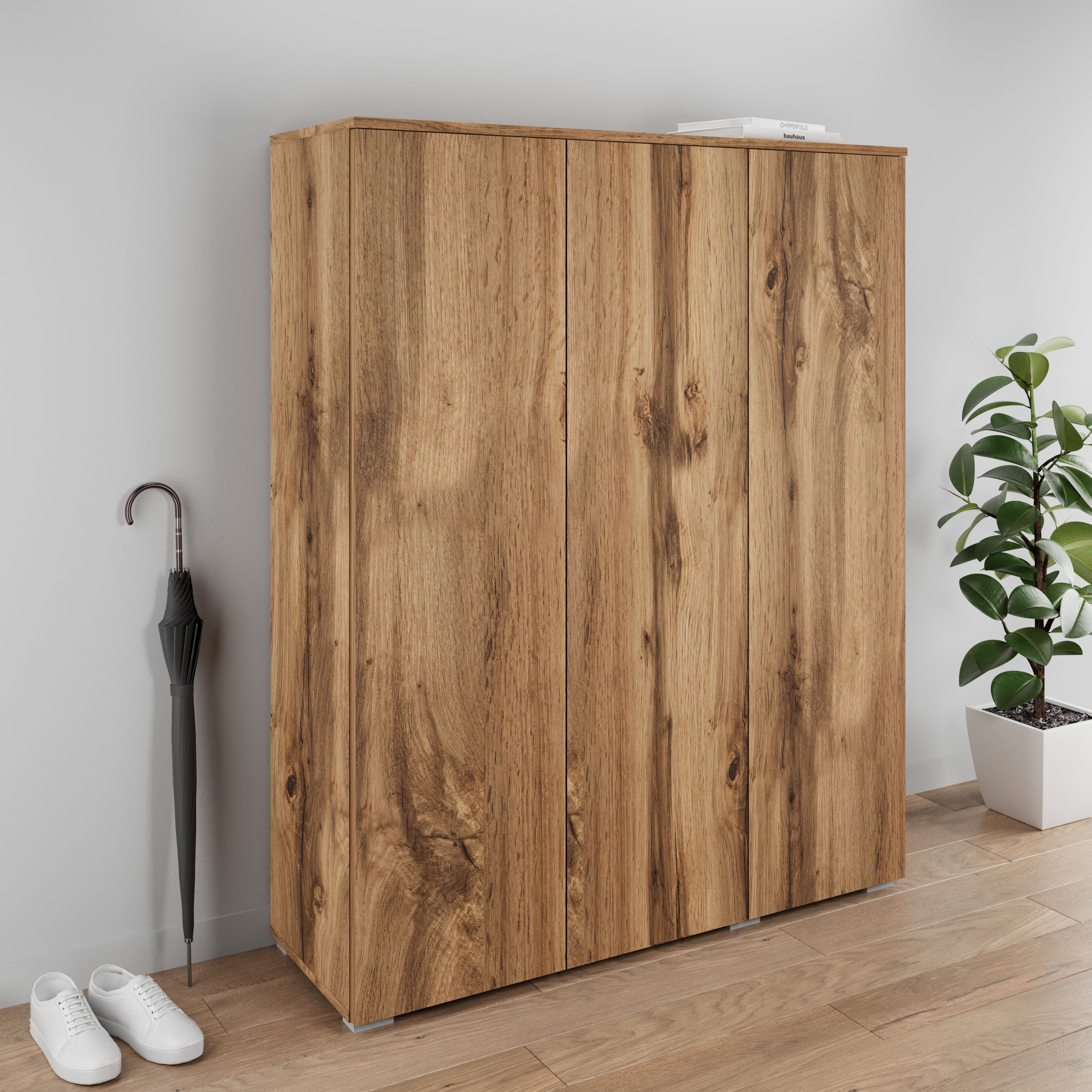 Schuhschrank INOSIGN "Paris", braun (votan eichefarben, votan eichefarben), B:105cm H:131cm T:35cm, FSC-zertifizierter Holzwerkstoff, Schränke, Schuhschrank, 3-türiger griffloser geräumiger Schuhschrank 105cm brei