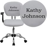 Personalized Mid-Back White Mesh Swivel Task Office Chair with Chrome Base and Arms [H-2376-F-WHT-ARMS-TXTEMB-GG] - Flash Furniture H-2376-F-WHT-ARMS-TXTEMB-GG