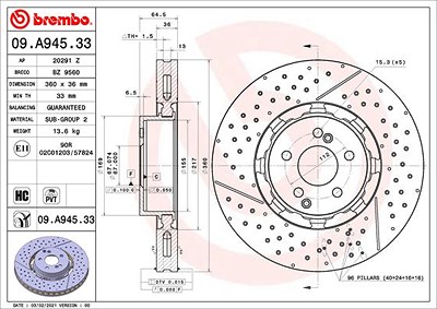 Brembo 1x Bremsscheibe [Hersteller-Nr. 09.A945.33] für Mercedes-Benz Image