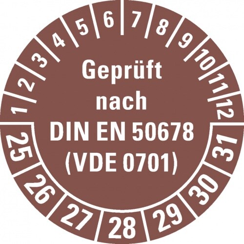 Dreifke® Prüfplakette geprüft nach DIN EN 50678(VDE 0701) 25-31, braun, Dokumentenfolie, Ø 30mm, 108/Heft Image