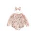 2 PCS Baby Girls Fall Romper Long Sleeve Off-shoulder Pleated Flower Print Romper with Hairband