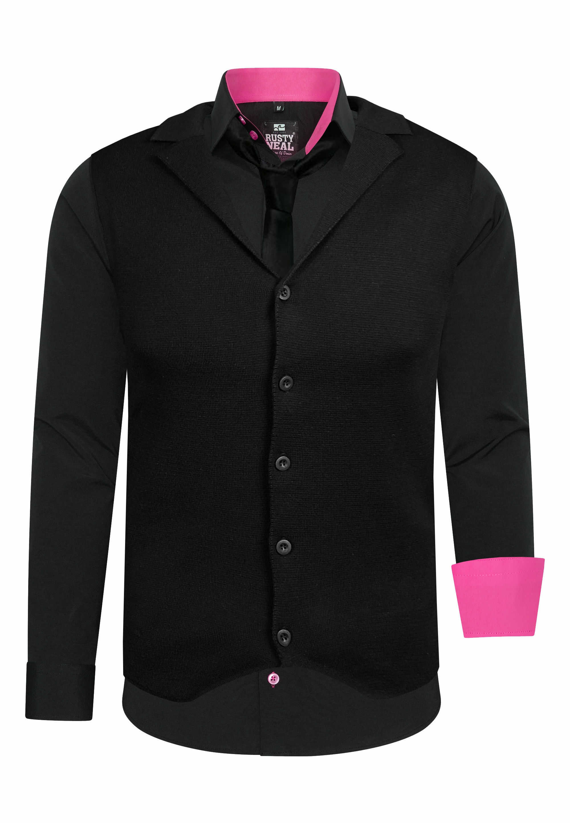 Langarmhemd RUSTY NEAL, Herren, Gr. S, EURO-Größen, schwarz (schwarz, pink), 60% Baumwolle, 37% Polyester, 3% Elasthan, mehrfarbig, ohne Ausschnitt, Hemden, bestehend aus Hemd, Weste und Krawatte