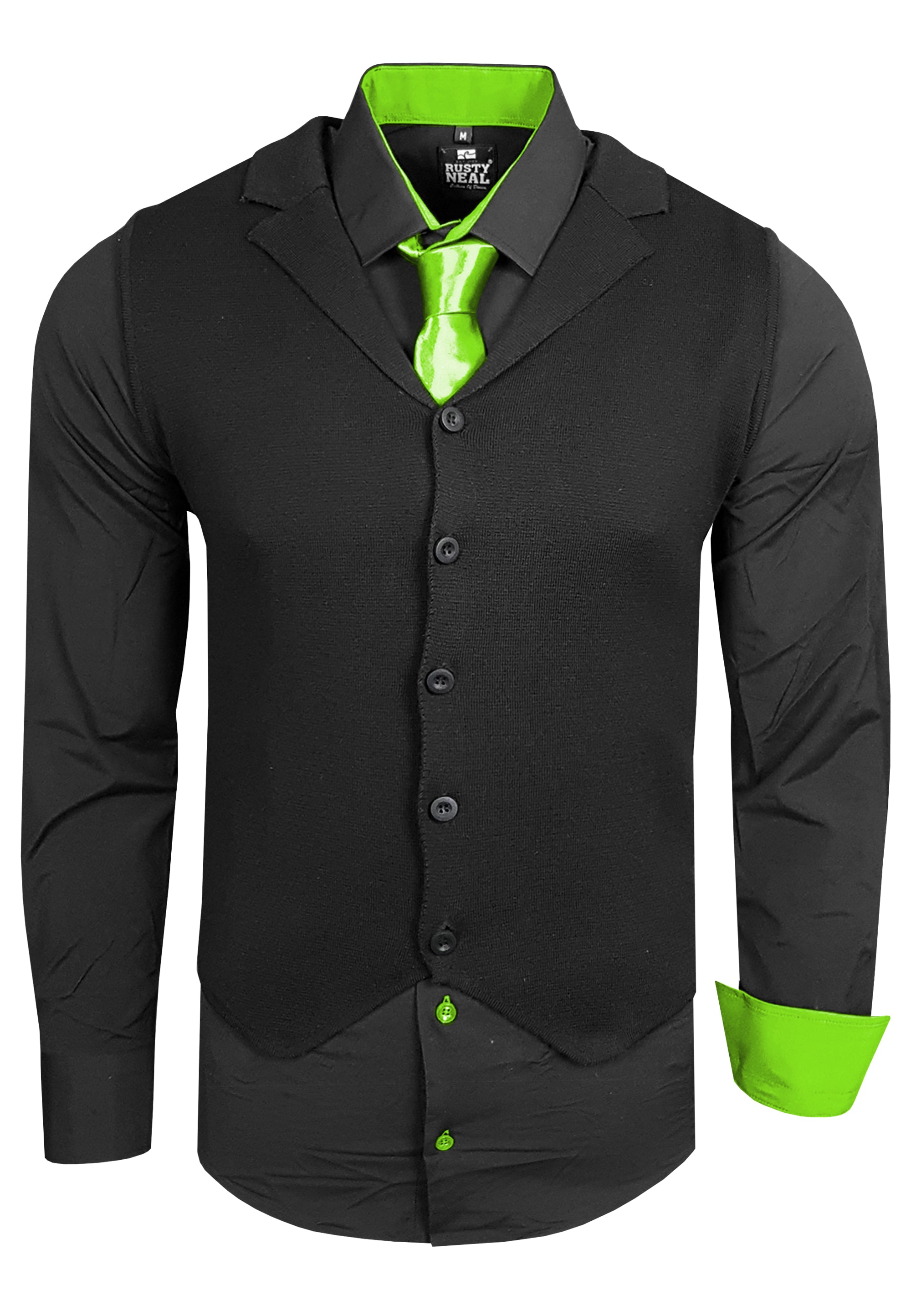 Langarmhemd RUSTY NEAL, Herren, Gr. L, EURO-Größen, schwarz (schwarz, grün), 60% Baumwolle, 37% Polyester, 3% Elasthan, mehrfarbig, ohne Ausschnitt, Hemden, bestehend aus Hemd, Weste und Krawatte