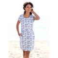 Jerseykleid BEACHTIME, Damen, Gr. 38, N-Gr, blau (blau, creme, bedruckt), Jersey, Obermaterial: 65% Baumwolle, 35% Polyester, bedruckt, geblümt, casual, figurumspielend kniefrei, Rundhals, Kurzarm, Kleider, mit Blumenmuster und Taschen, Sommerkleid...