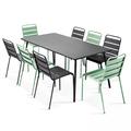 Ensemble table de jardin et 8 chaises en métal gris et vert sauge
