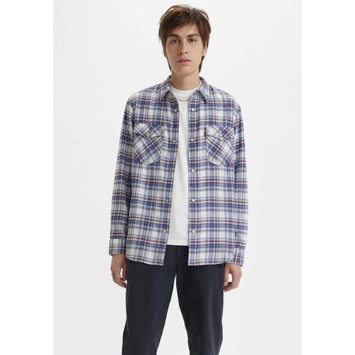 „Karohemd LEVI’S „“WESTERN““ Gr. L, N-Gr, weiß (blau, weiß, kariert) Herren Hemden Langarm mit Druckknopfleiste“