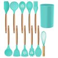 QXXSJ 12Pcs Silicone Cooking Utensils Set w/ Holder, Wooden Handles Cooking Tools, BPA Free Turner Tongs Spatula Spoon, Kitchen Gadgets Set | Wayfair