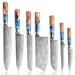 Senken Knives 7 Piece Damascus Steel Knife Set - Tsunami Collection - Blue Resin Burl Wood Handles Damascus Steel in Blue/Gray | Wayfair Tsuami_7