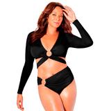 Plus Size Women's O-Ring Long Sleeve Bikini Top by Swimsuits For All in Black (Size 16)