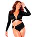 Plus Size Women's O-Ring Long Sleeve Bikini Top by Swimsuits For All in Black (Size 16)