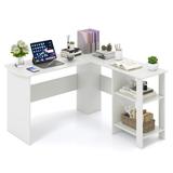 Costway Large Modern L-shaped Computer Desk with 2 Cable Holes and 2 Storage Shelves-White