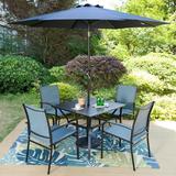 MF Studio 6-Piece Outdoor Patio Dining Set with 9 ft Umbrella Metal Steel Square Table & 4 Textilene Chairs Black & Blue