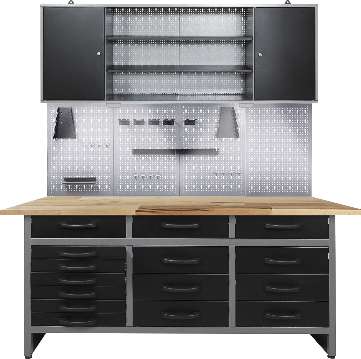 Werkstatt-Set ONDIS24 "Konny", schwarz (anthrazit, grau, schwarz), B:160cm H:205cm T:60cm, Edelstahl, Werkbänke, 160 cm, inkl. Hakenset