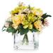 Enova Home Artificial Silk Daisy and Mixed Fake Flowers Arrangement in Clear Glass Vase with Acrylic Water For Home Decoration Yellow