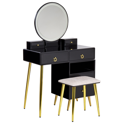 Schminktisch Schwarz und Gold MDF-Platte mit Metallbeinen Rundem LED-Spiegel 6 Schubladen Hocker Glamour für Schlafzimmer Jugendzimmer