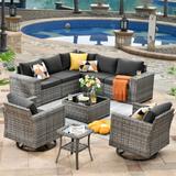 OVIOS 9-piece Patio Wicker Swivel Rocking Chair Set with Glass-Top Tables