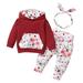 OLLUISNEO Newborn Baby Girls Pants Outfits 9 Months Winter Clothes 12 Months Casual Floral Print Hooded Neck Long Sleeve Top Pants Headband 3 PCS Set Burgundy