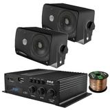 Pyle PFA220BT 2-Channel 120 Watt Bluetooth USB Mini Compact Class-T Power Amplifier System Combo Bundle with 2x 3.5 200W Max Power 3-Way Weather Proof Mini Black Box Speakers 16 Gauge Speaker Wire