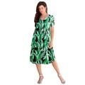 Plus Size Women's Ultrasmooth® Fabric V-Neck Swing Dress by Roaman's in Green Palm Leaves (Size 26/28) Stretch Jersey Short Sleeve V-Neck