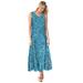 Plus Size Women's Sleeveless Crinkle A-Line Dress by Woman Within in Deep Teal Leaves (Size 1X)