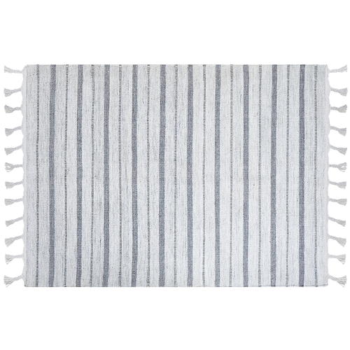 Outdoor Teppich Weiß / Grau Kunststoff 160 x 230 cm Rechteckig mit Fransen Handgewebt Streifenmuster Modern Wohnzimmer Deko Garten Indoor