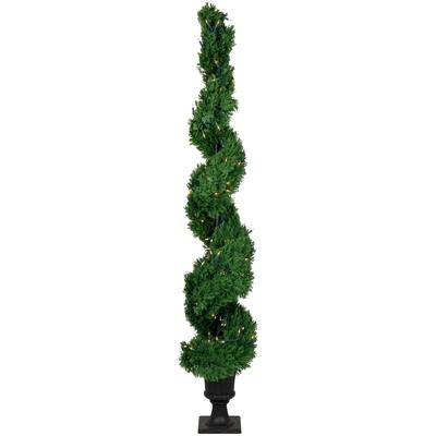 5.5' Artificial Cedar Spiral Topiary Tree Urn Style Pot Clear Lights