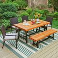 MF Studio 6-Piece Outdoor Dining Set with Acacia Wood Table Bench&Wicker Chairs 6-Person Patio Seating Group with Cushions Black&Brown