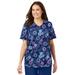 Plus Size Women's V-Neck Scrub Top by Comfort Choice in Evening Blue Floral (Size L)
