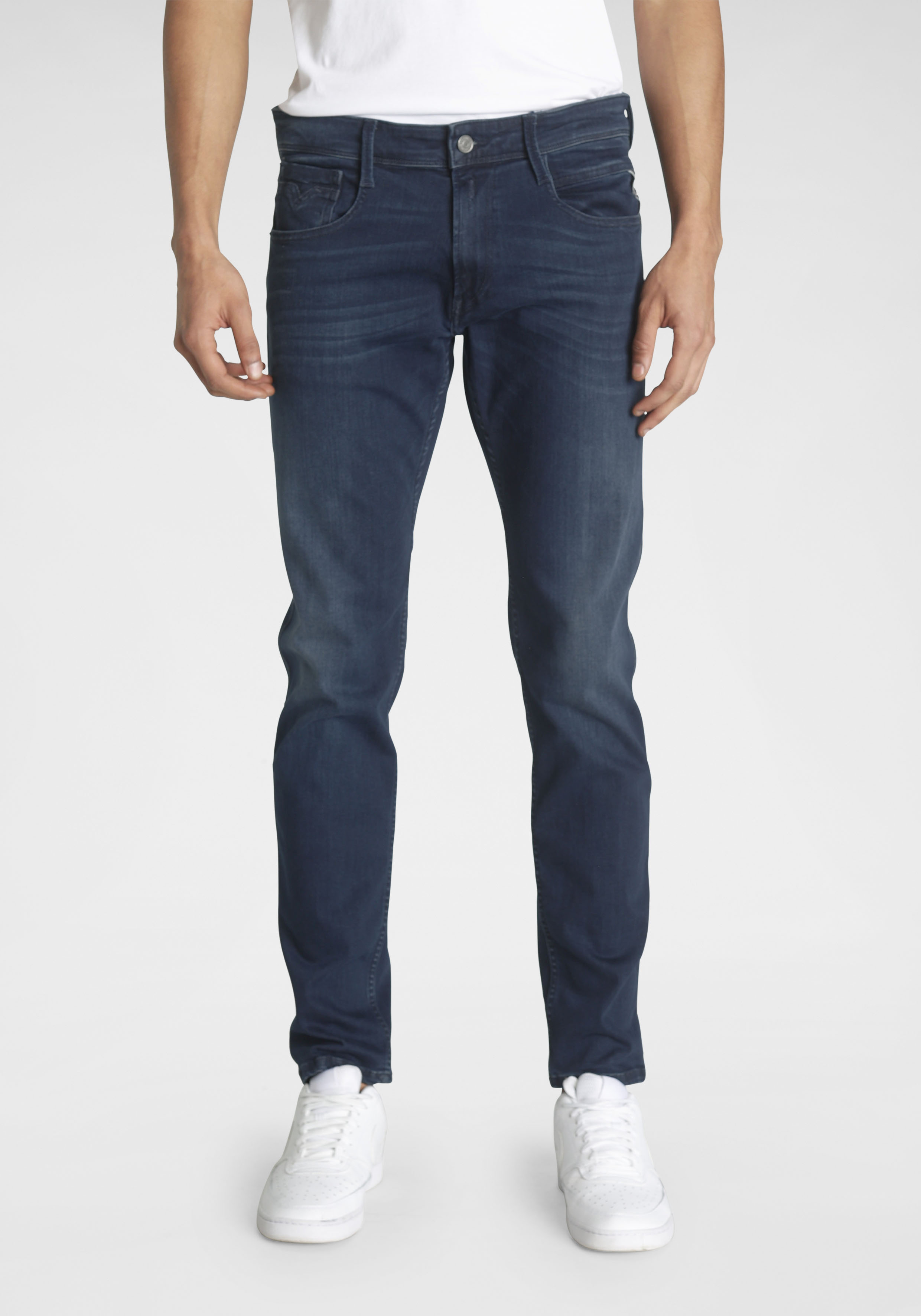 Slim-fit-Jeans REPLAY "Anbass Superstretch", Herren, Gr. 34, Länge 32, blau (schwarz, blau, wash), Denim/Jeans, Obermaterial: 90% Baumwolle, 8% Polyester, 2% Elasthan, slim fit lang, Jeans Slim-fit-Jeans, elastisch