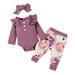 Qufokar Baby Girl Summer Outfit Baby Girl Baby Clothes Baby Girls Clothes Set Ruffle Ribbed Long Sleeve Romper Bodysuit Tops Floral Printed Pants Outfits