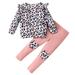 Qufokar Baby Girl 0-3 Months Outfits 12 Month Girl Clothes Kids Toddler Child Baby Girls Long Ruffled Sleeve Leopard Print Sweatshirt Blouse Tops Patchwork Pant Trousers Outfits Set 2Pcs Clothes