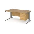 Office Desk | Left Hand Wave Desk 1600mm With Pedestal | Oak Top With Silver Frame | Maestro 25 MC16WLP2SO