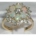 Large 9K Yellow Gold Natural Aquamarine & Colorful Opal Cluster Flower Ring, English Vintage Design Floral Ring - Customizable